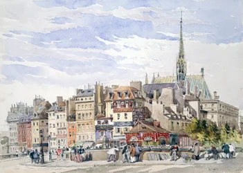 La Sainte-Chapelle e il Palazzo di Giustizia sulla banchina del Pont Saint-Michel". Acquerello. Charles Claude Pyne (1802-1878) pittore inglese di paesaggi e generi. Parigi, Francia