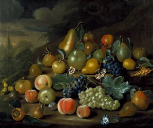Una natura morta di pere, pesche e uva