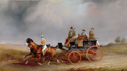 Andando a caccia; un postiglione e una coppia con un carro da caccia