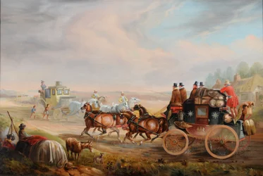 Carrozza della posta reale Hull-Londra che incontra una carrozza da viaggio sulla strada, c.1835