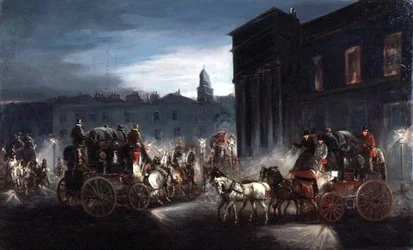 La carrozza postale di Edimburgo e altre carrozze in una strada illuminata a lampioni
