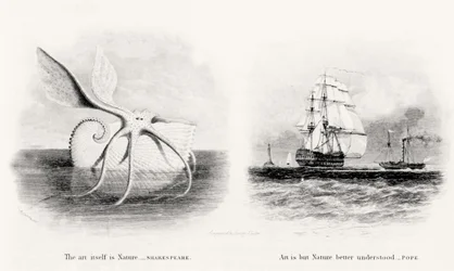 Un calamaro gigante e due navi in mare, inciso da George Cooke (1781-1834)
