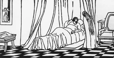 Melisande in visita a Golaud, che giace a letto dopo essere caduto da cavallo, xilografia di Charles Doudelet per Pelleas e Melisande di Maurice Maeterlinck, pubblicato da Claudio Argentieri, Spoleto, Italia
