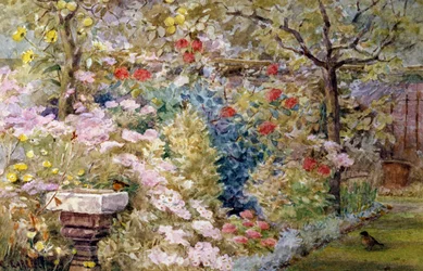 Un giardino estivo. Giardino estivo con uccelli, fiori e fontana. Dipinto di Charles Earle (1832-1893, Regno Unito) Collezione privata