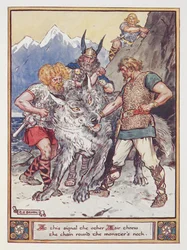 Al segnale gli altri Esir gettarono la catena intorno al collo del mostro. Tyr promette la sua mano per incatenare il lupo Fenrir, illustrazione da 
