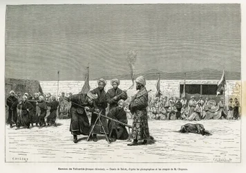 Esercizi di manipolazione dei fucili Taifourchi, truppe armate e addestrate dai militari cinesi, disegno di Delort, per illustrare i ricordi di un