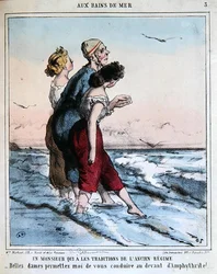 Uomo tradizionale che accompagna due giovani donne a fare il bagno in mare, c.1850-70