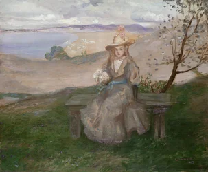 Ragazza con un bouquet sopra Swanage Bay, 1899