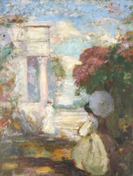 Paesaggio lirico con due figure in abiti del XIX secolo