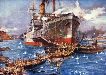Truppe britanniche dal fiume Clyde sbarcano a V Beach, Gallipoli, 25 aprile 1915