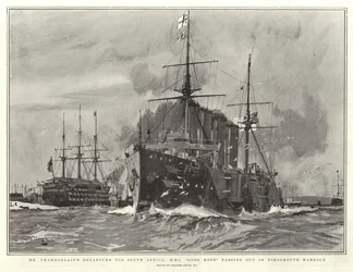 La partenza di Mr Chamberlain per il Sudafrica, H M S Good Hope che esce dal porto di Portsmouth