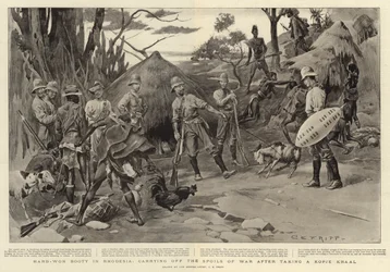 Bottino duramente conquistato in Rhodesia, portando via i bottini di guerra dopo aver preso un Kopje Kraal