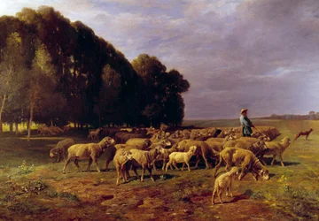 Gregge di pecore in un paesaggio o "Pastore che guida un gregge di pecore nella pianura". Dipinto di Charles Jacque (1813-1894) XIX secolo. Dim. 1,76x2,8 m