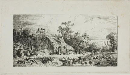 Paesaggio con cottage dal tetto di paglia
