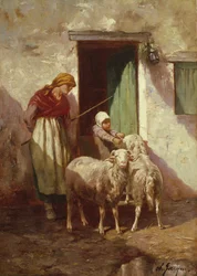 Pastorella con un Bambino e Due Pecore