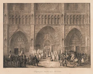 Bandiere prese ad Austerlitz ricevute a Notre Dame, inizi XIX secolo (litografia)