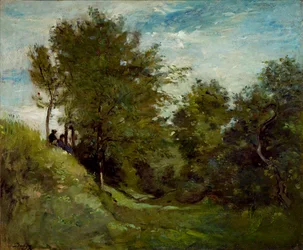 Paesaggio con figure sedute su una riva