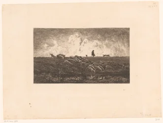 Paesaggio con pastore e pecore durante un acquazzone