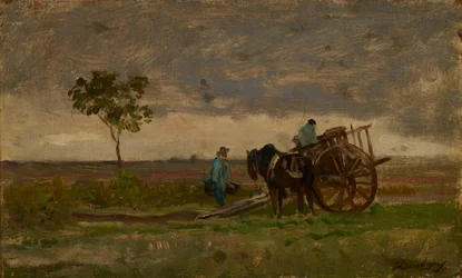 Vasto paesaggio con carro dei contadini