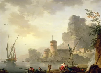 Scena di un porto mediterraneo al tramonto