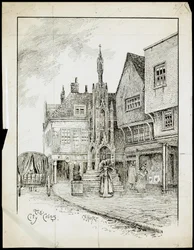 Vista da nord-ovest del Butter Cross, High Street, Winchester, Hampshire