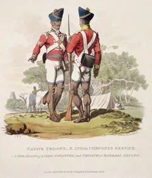 Truppe native al servizio della Compagnia delle Indie Orientali: un sergente di fanteria leggera e un soldato dei sepoy di Madras, inciso da Joseph Constantine Stadler, 1815 (acquatinta)