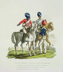 Truppe native al servizio della Compagnia delle Indie Orientali: un cavaliere della Guardia del Corpo del Governatore Generale, un soldato della Cavalleria Regolare del Bengala e un soldato del Java Voluntary, inciso da Joseph