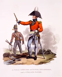 Uniforme di un ufficiale superiore dei Royal Engineers e di un semplice zappatore, da «Costume dell’Impero britannico, secondo gli ultimi regolamenti», pubblicato nel 1815
