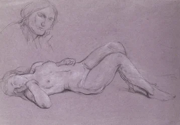 Studio di una figura femminile nuda reclinata, con uno studio di una testa di donna appoggiata sulla mano