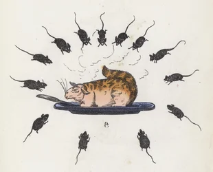Gatto goloso su un piatto circondato da topi affamati