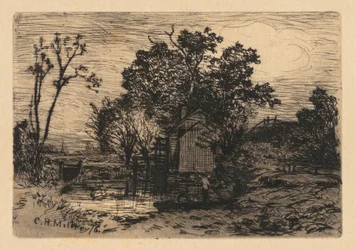 Cottage e due figure in barca
