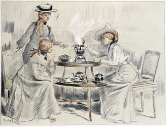 Signore che prendono il tè intorno a un piccolo samovar - disegno di Henri Tenré, ca. 1910
