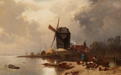 Tedesco: Bockwindmühle an einem Seeufer Mulino sulla riva di un lago