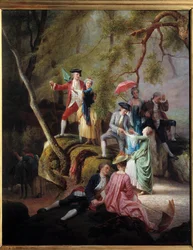 Intrattenimento campestre Scena galante durante una passeggiata di nobili. Dipinto di Charles Gustave Housez (19° secolo)
