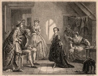 Infanzia di Mademoiselle Clairon: la giovane Claire-Josephe Leris (1723-1803) recita i versi della commedia che ha appena visto. Diventò attrice con il nome di "Mademoiselle Clairon" o "La Clairon". Incisione del 1862 dal dipinto
