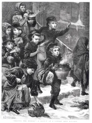 Nutrire gli affamati, una mensa dei poveri a Londra, 1880