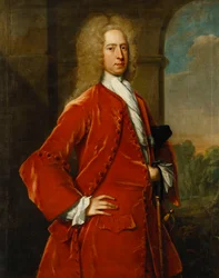 Ritratto del colonnello William Forward, M.P., a tre quarti di lunghezza, in un cappotto rosso e gilet e cravatta bianca, accanto a un arco di pietra, con un paesaggio oltre