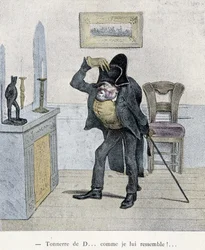 Tuono di D... come gli somiglio!... Caricatura di Travies del XIX secolo che raffigura un uomo che si confronta con una statuetta di Napoleone.