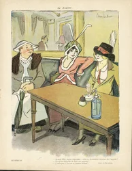 Illustrazione di Chas-Laborde (1886-1941) in Le Sourire, n. 9, 27/02/13 - Affari - Ristoranti Caffè, Moda, Cappello - Cupidità, Avarizia - Donne