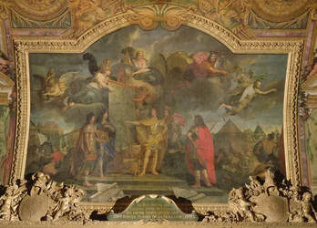 Il re Luigi XIV (1638-1715) ordina di attaccare simultaneamente quattro delle posizioni olandesi più forti nel 1672, dipinto sul soffitto della Galerie des Glaces