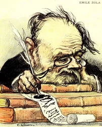 Cartone animato di Emile Zola (1840-1902) che scrive, visibilmente privo di ispirazione - Illustrazione di Charles Leandre in 