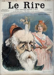 Eugène Henri Brisson (1835-1912), avvocato, giornalista e politico francese - Marianne solleva un berretto rosso dalla testa di Brisson e dalla sua testa sembra sorgere la dea Atena con tutti gli attributi - caricatura di Charles Leandre (1862-1934) in “Le