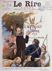 Prima Guerra Mondiale (1914-1918): Caricatura sulla promozione del prestito di guerra, fonte di reddito per i profittatori arricchiti dal commercio di carbone, munizioni e bestiame - Disegno di Charles Leandre (1862-1934), per la copertina di Le Rire Rouge
