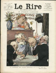 Illustrazione di Charles Leandre (1862-1934) in Le Lire, 06/08/21 - Nel frattempo a Washington - Elezioni, Presidente della Repubblica - Marianne, Fallieres Armand, Poinsare Raymond, Deschanel Paul - Gioco di carte