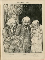 Illustrazione di Charles Leandre (1862-1934) in Le Rire, 03/06/22 - I Tre Papi - Inghilterra Gran Bretagna, U.S.R., Verificare date, Reichstag - Lenin, Lloyd George, Pio XI
