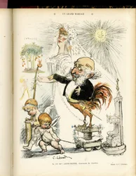 Illustrazione di Charles Leandre (1862-1934) in Le Rire, 22/10/04 - Un grande matrimonio - Matrimonio - Coq, Meyer Arthur - Animalizzazione