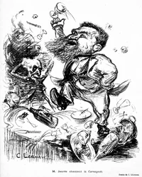 Jean Jaurès che balla e canta la Carmagnola su un tavolo da banchetto (presumibilmente ubriaco) immagine in Le Rire n°105 del 7 novembre