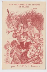 Cartolina, Satirico a Colori: Ligue fraternelle des enfants de France - Guerra del 14-18, Infanzia, Giornate patriottiche Illustrazione di Charles Leandre (1862-1934)