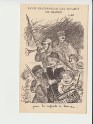 Cartolina, Satirico in bianco e nero: Ligue fraternelle des enfants de France - Guerra del 14-18, Musica, Infanzia, Ligue fraternelle des enfants de France - Soldati Illustrazione di Charles Leandre (1862-1934)