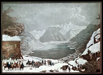 Napoleone Bonaparte al Passo del San Bernardo, 20 maggio 1800, inciso da Merou
